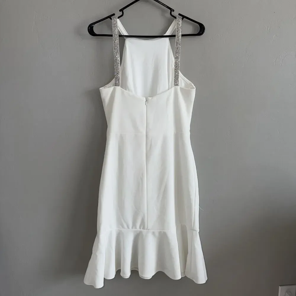 Betsy & Adam Woman’s Sz 6 White Mermaid Dress Silver Beaded Straps Cinched Waist